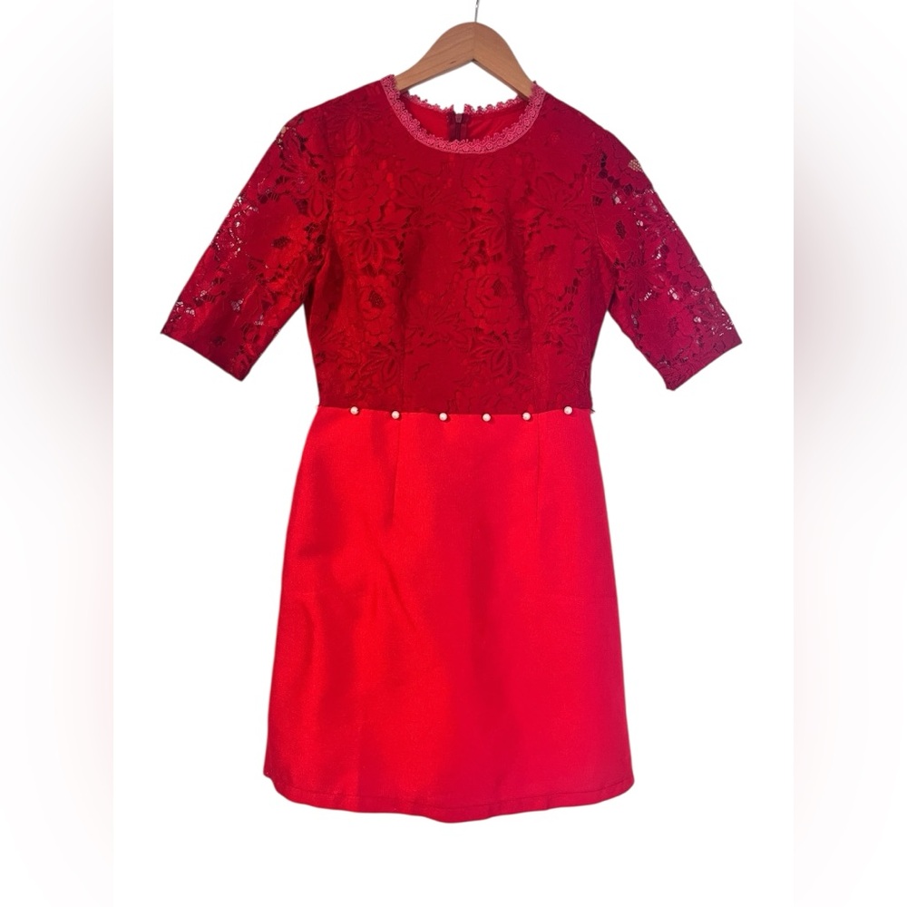 Vintage Red Lace Pearl Detail Mini Cocktail Dress Sz XS 0/2